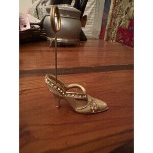 Women's Rhinestone Enameled Gold Swirl High Heel Shoe Business Card Photo Holder